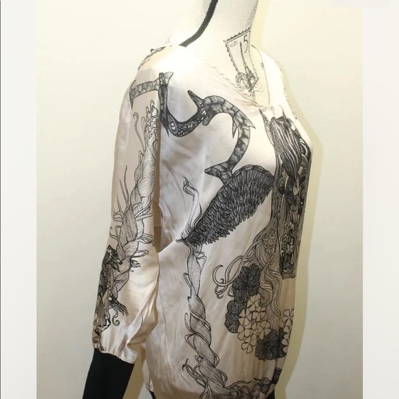 Zara Women Tunic Dress Beige Black Silk Graffiti Print Medium Portugal - Picture 9 of 12
